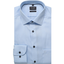 Load image into Gallery viewer, Light blue dress shirt with black buttons on a white background, featuring the Olymp brand.