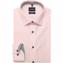 Load image into Gallery viewer, A folded light pink dress shirt by OLYMP, featuring a classic collar, dark buttons, and a patterned lining visible on the inner collar and cuff.
