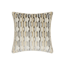 Load image into Gallery viewer, A square decorative throw pillow featuring a vertical geometric pattern of interlocking oval and rectangular shapes in beige, gray, and black on an off-white background.