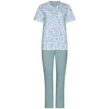 Load image into Gallery viewer, Light blue pajama set with a patterned top and solid pants on a white background