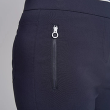 Load image into Gallery viewer, Navy blue pants with a zipper detail on a gray background