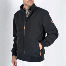 Load image into Gallery viewer, Man wearing a Navy jacket with plaid shirt underneath on a white background