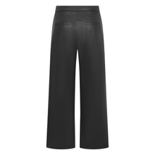 Load image into Gallery viewer, Black wide-leg trousers with a smooth leather-like finish, shown from the back on a plain white background.