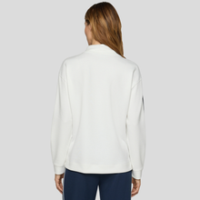 Load image into Gallery viewer, Back view of Model wearing, Rabe Leisure Wear Top White With Navy, with a grey background.