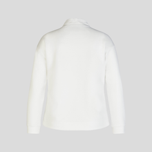 Load image into Gallery viewer, Back of Top White With Navy, with a grey background.