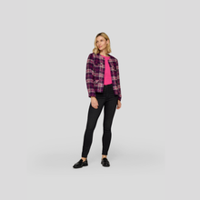 Load image into Gallery viewer, Woman wearing a patterned jacket, pink shirt, and black pants on a white background