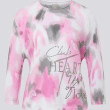Load image into Gallery viewer, Pink and gray tie-dye sweater with text on a light gray background