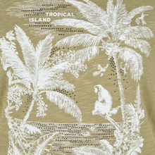 Load image into Gallery viewer, Tropical island design with palm trees and a monkey on a beige background