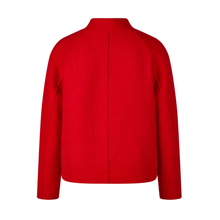 Load image into Gallery viewer, A bright red long-sleeve jacket shown from the back, featuring a high mock neck and a central seam, photographed on a solid white background.