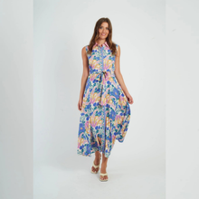 Load image into Gallery viewer, Woman wearing a colorful floral dress on a white background