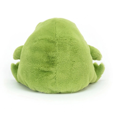 Load image into Gallery viewer, A green plush frog toy shown from the back, photographed on a clean white background.