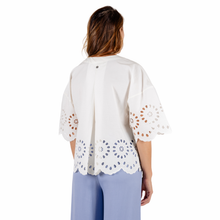 Load image into Gallery viewer, Back view of Model wearing Rino & Pelle Wide Blouse in Snow White with a white background