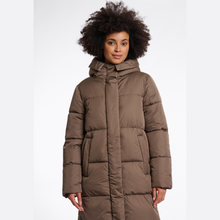 Load image into Gallery viewer, Woman wearing a brown puffer coat on a white background