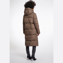 Load image into Gallery viewer, Person wearing a long brown puffer coat on a white background