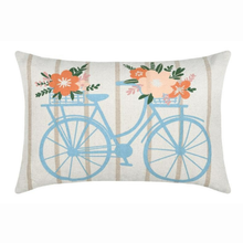 Load image into Gallery viewer, A rectangular decorative throw pillow featuring a light blue bicycle with orange and peach flowers and green leaves on a cream background with vertical tan stripes.