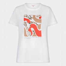 Load image into Gallery viewer, White t-shirt with colorful abstract design on a light gray background