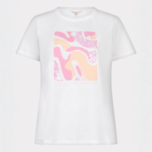 Load image into Gallery viewer, White t-shirt with a colorful abstract design on a light gray background