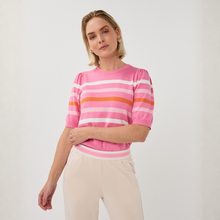 Load image into Gallery viewer, Woman wearing a pink striped sweater against a white background