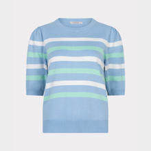 Load image into Gallery viewer, Light blue sweater with multicolor stripes on a light gray background