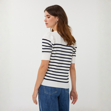 Load image into Gallery viewer, Woman wearing a white and navy striped shirt with blue jeans on a white background