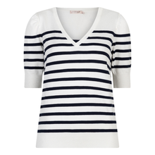 Load image into Gallery viewer, Front of Esqualo SS Stripe Knit V-Neck in Off White/Navy, with a white background.