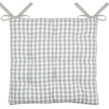 Load image into Gallery viewer, A square quilted floor cushion with a light gray and white gingham check pattern, featuring four tie straps at the corners.
