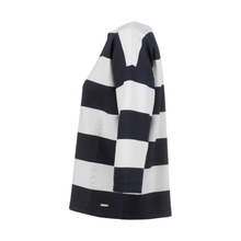 Load image into Gallery viewer, Black and white striped dress with brand logo on a white background