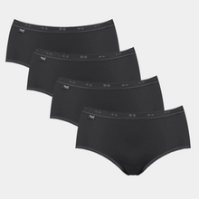 Load image into Gallery viewer, A product shot of 4 pairs of the sloggi midi brief in black. 
