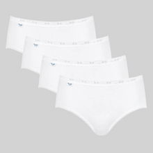 Load image into Gallery viewer, A product shot of 4 pairs of sloggi midi briefs in white.
