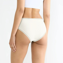 Load image into Gallery viewer, Rear view of a model wearing high-waisted white underwear with delicate lace trim, set against a plain white background.