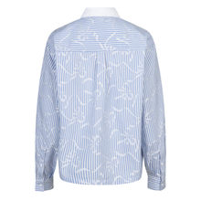Load image into Gallery viewer, Back view of Esqualo Blouse, with the print Short Striped Bows, in the colour white and blue, with a white background.