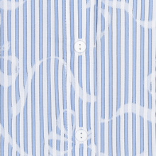Load image into Gallery viewer, Close up of material on Esqualo Blouse, with the print Short Striped Bows, in the colour white and blue, with a white background.
