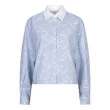 Load image into Gallery viewer, Front view of Esqualo Blouse, with the print Short Striped Bows, in the colour white and blue, with a white background.