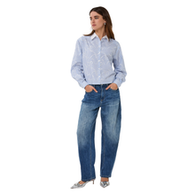 Load image into Gallery viewer, Front Full view of Model wearing Esqualo Blouse, with the print Short Striped Bows, in the colour white and blue, with a white background.
