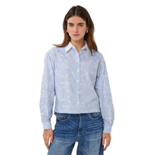 Load image into Gallery viewer, Front close up view of Model wearing Esqualo Blouse, with the print Short Striped Bows, in the colour white and blue, with a white background.