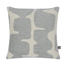 Load image into Gallery viewer, Gray and white patterned pillow with a brand tag on a white background