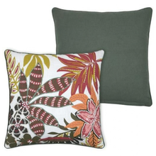 Load image into Gallery viewer, Two square throw pillows on a white background: one features a colorful tropical floral and leaf pattern on a white base, and the other is a solid dark green pillow.
