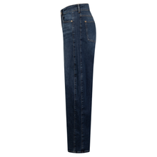 Load image into Gallery viewer, A pair of dark blue denim jeans shown from the side profile against a plain white background.