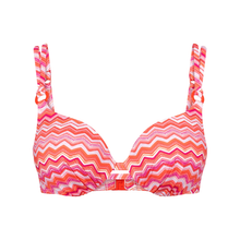 Load image into Gallery viewer, Colorful zigzag patterned bikini top on a white background
