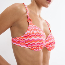 Load image into Gallery viewer, Woman wearing a colorful zigzag patterned bikini on a white background