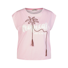Load image into Gallery viewer, Pink sleeveless top with palm tree design and text on a white background