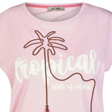 Load image into Gallery viewer, Pink t-shirt with palm tree design and 'tropical state of mind' text on a white background