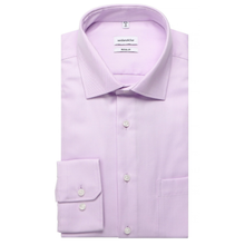 Load image into Gallery viewer, A folded light purple dress shirt with a pointed collar, button-down front, and a single cuff with two buttons, shown on a plain white background.
