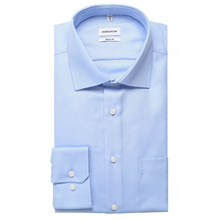 Load image into Gallery viewer, A light blue dress shirt folded neatly, showing the collar, front buttons, and a single cuff with two buttons, on a plain white background.