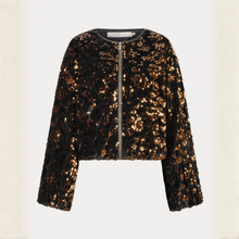 Load image into Gallery viewer, Shown against a clean white background, the EsQualo Velour Jacket with Sequins stands out with its rich velour texture and shimmering sequin detailing. The elegant design creates a polished, glamorous look.