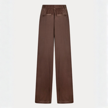 Load image into Gallery viewer, Elegant coffee-toned trousers with a relaxed wide-leg cut and sleek, lustrous finish. The flowing shape creates a refined and flattering silhouette, perfect for adding a sophisticated touch to any outfit.