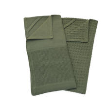 Load image into Gallery viewer, Two green textured towels on a white background