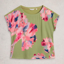 Load image into Gallery viewer, Front view of White Stuff Woven Mix Tee, Green Print, with a light grey background.