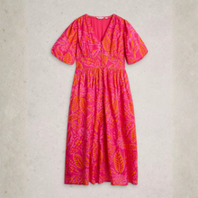 Load image into Gallery viewer, Pink dress with orange leaf pattern on a light gray background