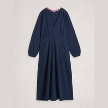 Load image into Gallery viewer, Navy blue dress with long sleeves on a light gray background